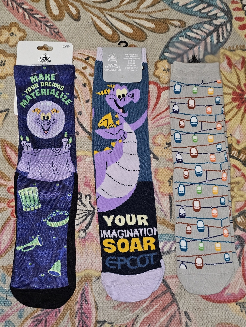 NWT Disney Unisex Purple Figment & Light String Crew Socks - 3-Pack 9-12M 10-13W